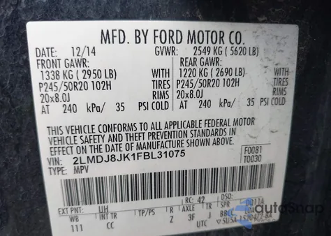 2015 Lincoln Mkx из США, поврежденный, VIN 2LMDJ8JK1FBL31075